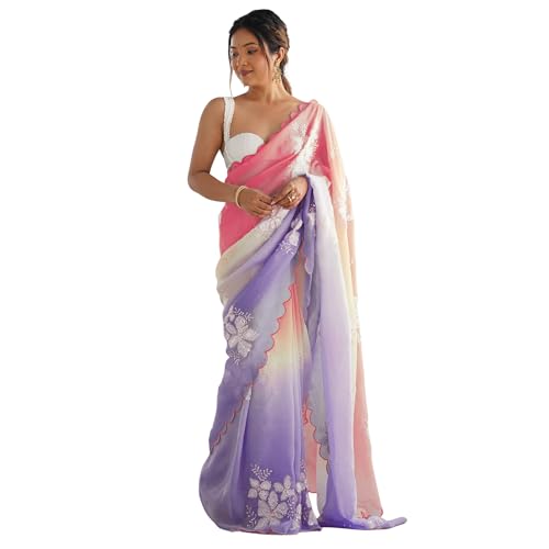 Image of Women's Orange-Yellow Ombre Saree with Floral Embroidery | Lightweight & Festive Saree | Elegant Ethnic Wear for Women