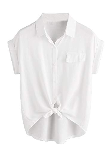 Milumia Women Casual Short Sleeve Button Down Collar Shirt Blouse Front Tie Knot Tops