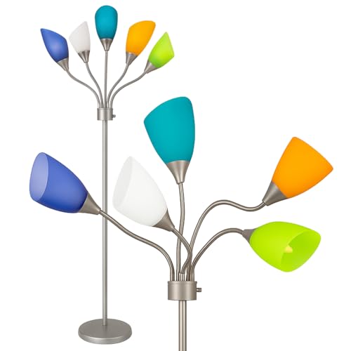 LIGHTACCENTS Medusa Floor Lamp with 5 Colorful Gooseneck Shades – Adjustable Standing Lamp for Bedroom, Kids Room, Dorm, or Classroom – Modern Acrylic Light with Rotary Switch