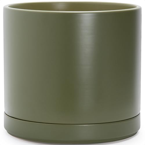 D'vine Dev 16 Inch Ceramic Planter Pot with Drainage Hole and Saucer, Indoor Cylinder Round Planter Pot, Olive, 94-O-H-J