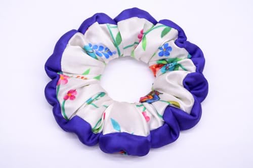 Image of Satin Scrunchies Hair Bands for Women | No-Damage Elastic Hair Ties for Ponytails & Buns | Fluffy & Stylish Rubber Bands | Extra Large Size | Pack of 1 (Floral Print Blue)