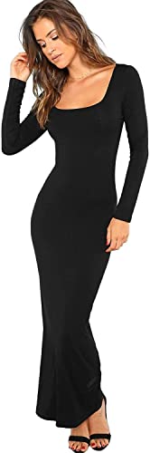 Verdusa Women's Long Sleeve Square Neck Bodycon Maxi Long Dress Black L #TOP4