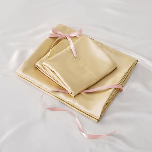 BEDELITE Satin Fitted Sheet and Pillowcase Set, Luxury Soft Similar to Silk Bottom Bedsheet with Elastic Corner Straps, Deep Pocket up to 15 Inch, 1 Fitted Sheet and 1 Pillowcase(Twin, Champagne)
