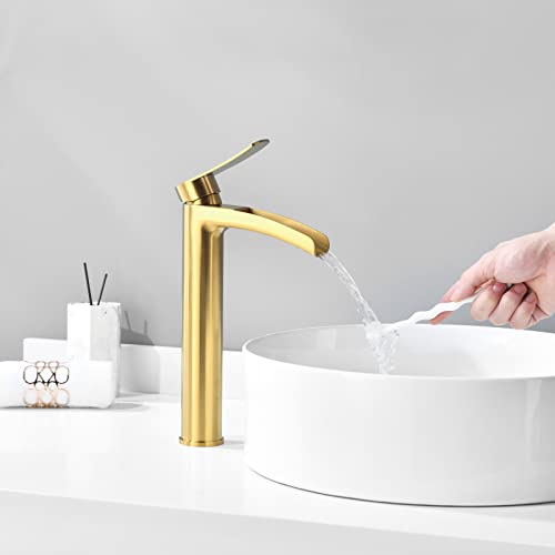 Brushed Gold Single Hole Waterfall Single Handle Modern Tall Vessel Bathroom Faucet With Pop Up Drain And Water Supply Line By Phiestina, Ns-Sf01-Bg-V #TOP4