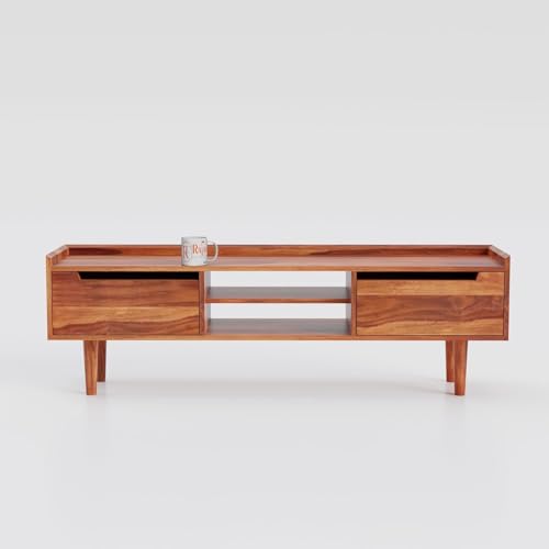 Image of Solid Wood TV Unit for Living Room 55 Inch Furniture - Wooden TV Unit with Storage Cabinet with 2 Door, 2 Shelves Wooden TV Cabinet for Living Room - Fits up to 55-Inch TV (Caleb)