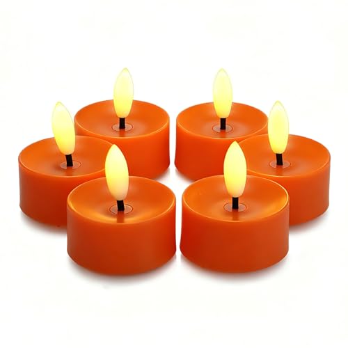 Image of CANDLE CHOICE Battery Operated Flameless Tea Lights Realistic Black Wick Bright Flickering LED Tealight Candles Wedding Table Centerpieces Halloween Christmas Decorations Batteries Incl. 6 Pack Orange
