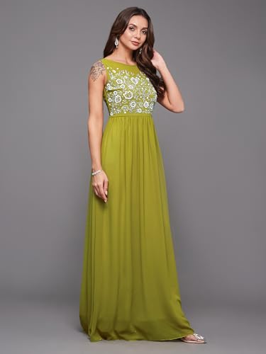 Image of Miss Chase Women's Round Neck Sleeve Embellished Fit Flare Maxi Dress
