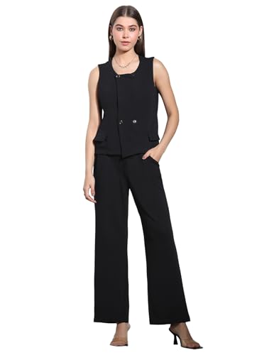 Image of Selvia Navy Blue Lycra Co-ord Set for Women, Button Detail Waist Top and Trouser Pant
