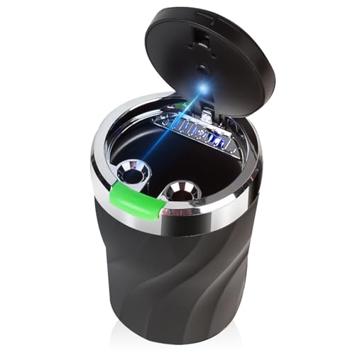 Cendrier Voiture, cendrier de voiture avec couvercle à ressort, cendrier portable en acier inoxydable sans fumée avec lumière LED, pour voitures, fourgonnettes,...
