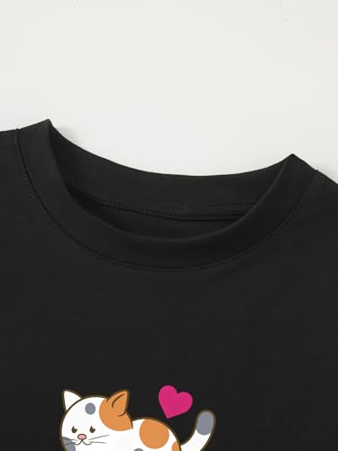 Image of Girl's Cute Cat Graphic T-Shirts Funny Animal Lover Black