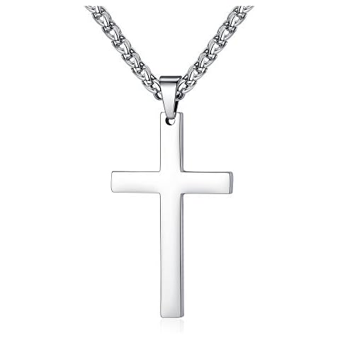 FOSIR Stainless Steel Simple Cross Pendant Necklace for Men Women, Silver Chain 22 24 Inch Cover