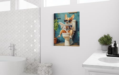 Image of Chihuahua on Toilet Wall Art Print Canvas Wrapped, Dog Bathroom Humor Decor Posters Prints for Restroom Home Picture Painting Artwork Gallery 7 (Chihuahua, 20 inchL x 16 inchW CANVAS, Wrapped Canvas)