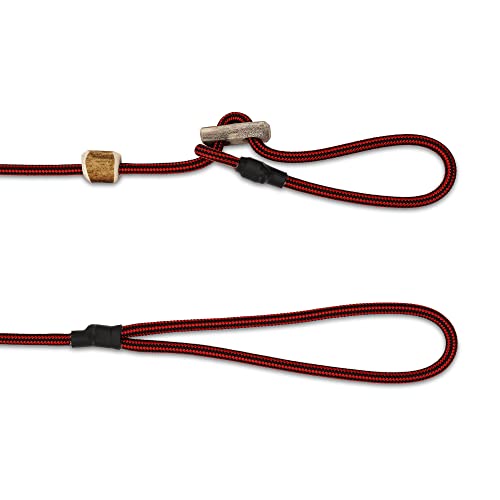 Hundeleine mit Halsband 6mm | Moxonleine Retrieverleine Agilityleine | Mit Zugbegrenzung, Zugstopp aus Hirschhorn (Rot-Schwarz, 130 cm)