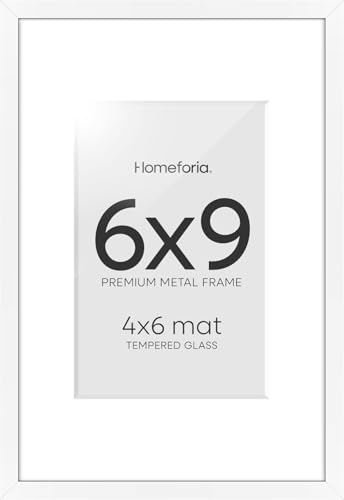 Image of Homeforia 6x9 Picture Frame White, High End Metal 6 x 9 Frames with Mat 4 by 6 for Print, Photo Frame 6x9 White Matted to 4x6 inches Art, 6by9 Wall or Tabletop Frames, Tempered Glass, Wall Kit, Set of 2
