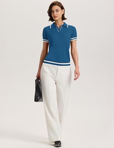 Image of Micoson Womens Short Sleeve Sweater Tops Lapel V Neck Polo Shirts 2026 Summer Cable Knit Loose Blouse Business Casual Outfits