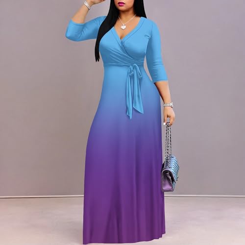 Image of PinkPatty Women's Plus Size Maxi Dresses Casual Flowy 3 /4 Sleeves Dress Printed Vacation Dress for Daily Wear with Belt