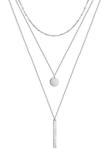 WangGao Coin Layered Necklace, Stainless Steel Dainty Multilayer Choker Bar Layering Long Pendant Necklace for Women
