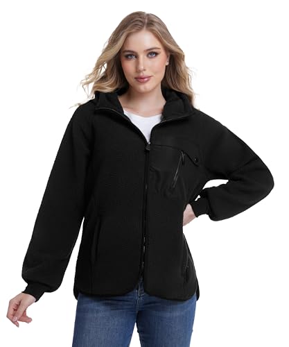 Mnking Damen Fleecejacke mit Kapuze Dicke Warme Polar Fleece Jacke Winter Full Zip Hoodie Winddicht Winterjacke für Outdoor Laufen Wandern Ski FS5563W-Black-XL