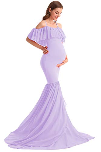 Hihcbf Women Mermaid Chiffon Maternity Gown Off Shoulder Ruffle Spaghetti Straps Photo Shoot Wedding Baby Shower Dress Lilac S #TOP4