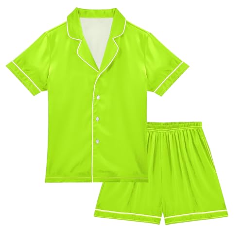 ODAWA Lemon Green 2 Piece Loungewear Set, Short Sleeve Satin Pajama Set 5-6Y - Main Image