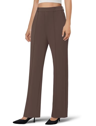 Women's Work Dress Pants Wide Leg Business Casual Slacks Sretchy Pull on High Waisted Office Trousers with Pockets Brown
