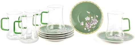Mist Çay Bardak Seti, Cam Bardak ve Porselen Tabak, Çiçek Desenli, 6'lı Set