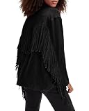 Locachy Women's Faux Suede Fringe Jacket Vintage Western Cowgirl Tassel Jackets Country Concert Outfits Black M