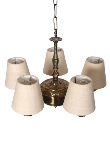 Image of Devansh 05 Lights White Jute conical Shade with Antique Golden Chandelier