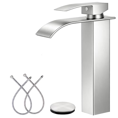 LIFG Brushed Nickel Vessel Sink Faucet, Tall Waterfall Bathroom Faucet, Single Handle One Hole Mixer Bowl Tap with Large Rectangular Spout, Bar Sink Faucet Lavatory Vanity