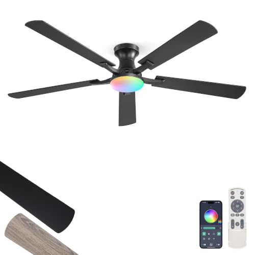 Image of ZMISHIBO 60 Inch RGB Ceiling Fan with Light, Remote&App Control,Flush Mount | Low Profile, Dimmable 20W LED Light, Quiet Reversible Motor, Strong Airflow, Easy Install for Bedroom /Living Room /Apt, Black
