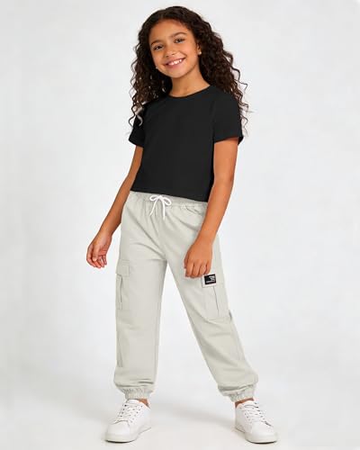 Image of Betusline Girls 2 Piece Summer Outfits,Black Cute Short Sleeve Crop Tops + Beige Cargo Jogger Pants Clothes,11-12 Years = Tag 160
