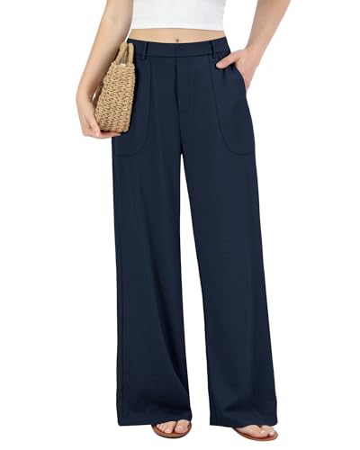 JEKAOYI Womens Wide Leg Linen Cotton Pants Summer Casual Stretchy Lightweight High Waisted Trousers for Work Lounge Navy