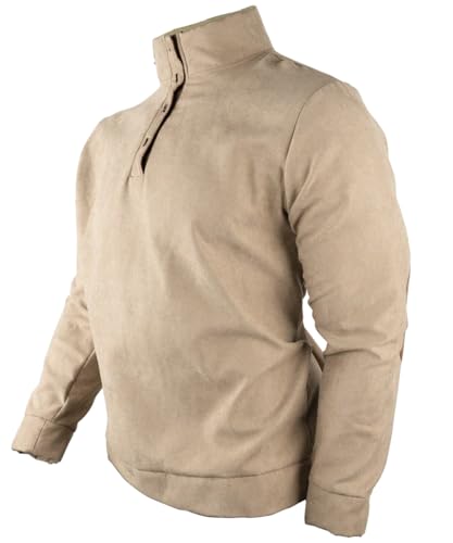 HARGLESMAN Mens Cashmere Sweatshirts Fashion Casual Stand Collar Button Long Sleeve Fleece Pullover Top Shirts with Suede Elbow Patches Jacket Coat Apparel Cloth Khaki 2XL3