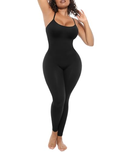 FeelinGirl Breathable Full Body Leggings Jumpsuits for Women Tummy Control Shapewear Spaghetti Straps Scoop Neck Black M/L