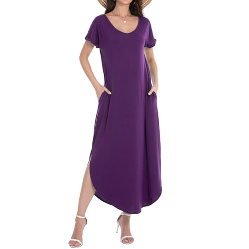Image of Matchstick Women's Flowy Maxi Dress V-Neck Relaxed Loose Fit Short Sleeve Casual Sundress with Pockets Side Split Beach Dress
