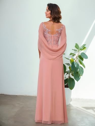 Cape Scoop Neck Mother of The Bride Dresses for Women Lace Appliques Chiffon Formal Evening Gown with Fake Sleeves2