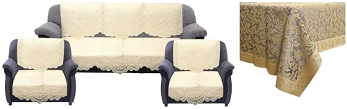 Image of Kuber Industries Premium Sofa Cover|Chikankari Cotton Fabric|6 Pieces Cotton 5 Seater Sofa Cover Set (Cream) Center Table Cover|Table Cloth for 4 Seater|Gold