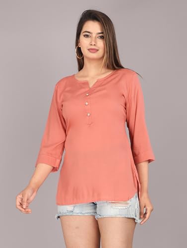 Image of Himanshi enterprises Women's Traditional Casual 3 /4 Sleeves Mandarin Nack Rayon Solid Short Kurti