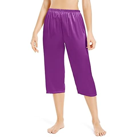 ZEEREE Womens Capri Pajamas Pants Silk Satin Sleep Pants Loungewear Elastic Waist Silky Lounge Pj Bottoms With a Pocket (Purple, Small) Cover