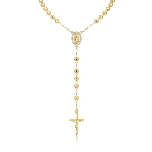 Gold Rosary Necklace for Women - 14k Gold Plated Virgin Mary Necklaces Non Tarnish Golden Catholic Rosary Beads Cross Y Necklace Rosarios Catolicos Crucifix Jewelry Religious Virgen de Guadalupe Gift