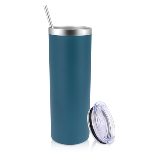 Volhoply 20 oz Skinny Tumbler with Lid and Straw, Stainless Steel Straight Tumblers Cup, Vacuum Insulated Coffee Mug for Home, Office, Travel, DIY (Dark Green,1 Pack)