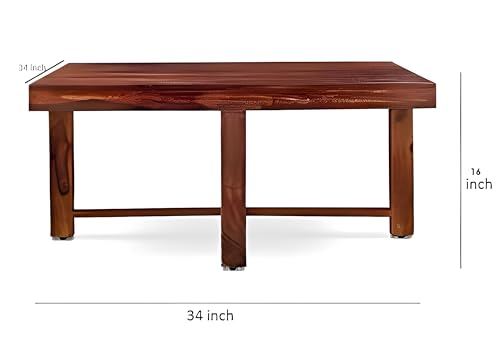 Image of Loonart Solid Sheesham Wood Coffee Table with Four Cushioned Stools | Idel for Living Room | Cafe | Restaurant | Space Saving Indoor Table Set | Finish Color - Mahogany Finish | Off White Cushion |
