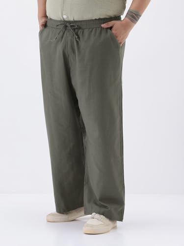 Image of Urbano Plus Men's Loose Fit Solid Linen Blend Trousers Non-Stretchable