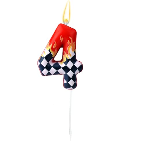 Geburtstagskerzen Zahlen mit Rennwagenmotiv, Schwarz-Weiß Karierte Kerze Rote Zahlenkerzen Rennwagen Partydekoration für Jungen Mädchen Mottoparty Zubehör (Nummer 4)
