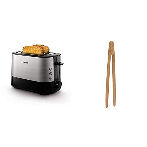 Philips HD2637/90 Grille-Pain avec Fente large Métal/noir 950 W + Pince à toast en bambou. 24 cm non colorée non aimantée pour attraper les toast au grille...