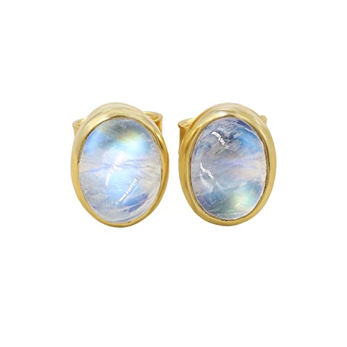 Boucles d'oreilles pierre de lune en argent sterling doré et gemme de 6x8 mm