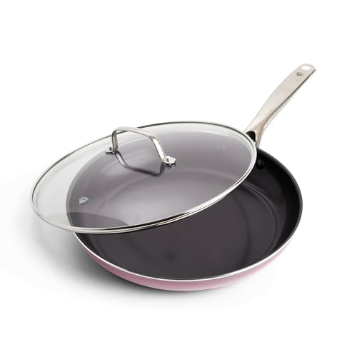 Image of Blue Diamond 12 inch Nonstick Frying Pan with Lid, Diamond Infused PFAS-Free Ceramic Skillet, Dishwasher & Oven Safe, Stay Cool Handle, Durable Non Toxic Metal Utensil Safe, Glass Lid, Pink