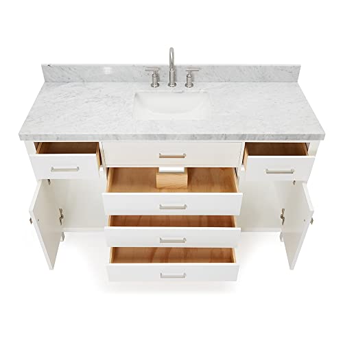 Ariel Bristol 61" Inch Single White Bathroom Vanity | Rectangle Sink | 1.5" Edge Italian Carrara Marble Countertop | 2 Soft-Closing Doors | 5 Dovetail Full Extension Drawers | Polished Chrome Hardware #TOP3