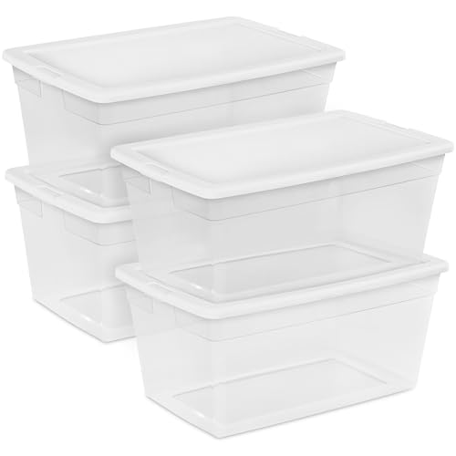 Image of Sterilite 90 Qt Storage Box, Stackable Bin with Lid, Plastic Container to Organize Clothes, Blankets, Towels in Closet, Clear with White Lid, 29.75 inch L x 13.5 inch W x 18.75 inch H, (Pack of 4)