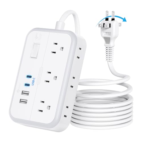 NTONPOWER Extensión de 3.05 metros con 10 tomas, Protector eléctrico con 4 puertos USB, Enchufe plano para montaje en pared